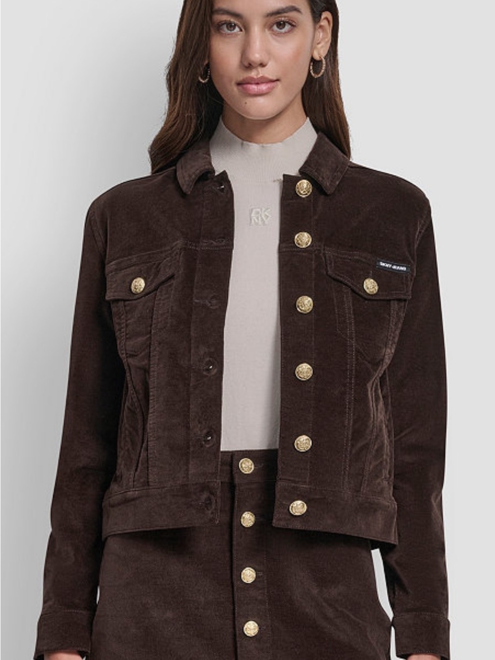 DKNY Dark Brown Corduroy Button Jacket with Gold Buttons